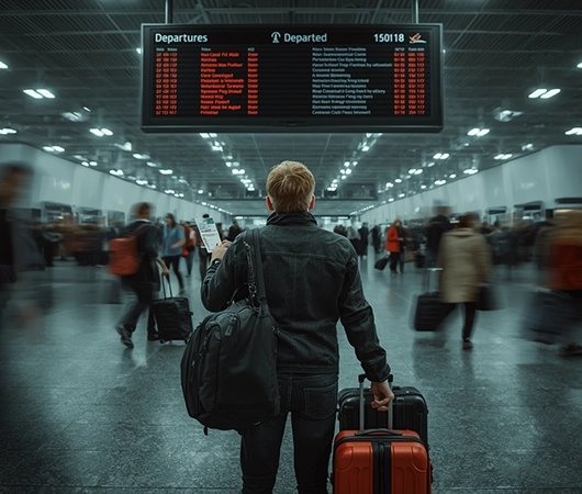 Viajero de espaldas con maleta y mochila en una concurrida terminal de aeropuerto, mirando el tablero de salidas de vuelos antes de comenzar su viaje.