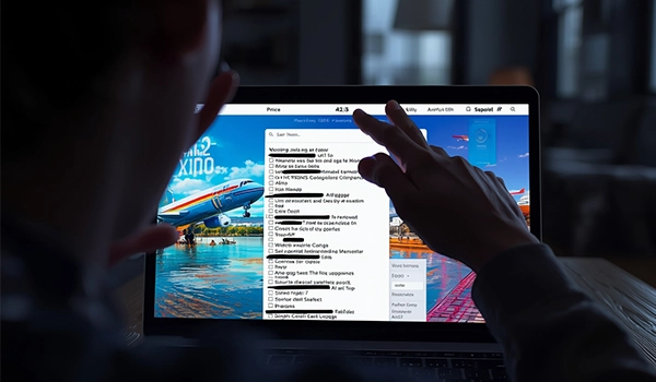 Una persona utilizando una computadora portátil para planificar un viaje, interactuando con una checklist en una interfaz de reserva de vuelos con la imagen de un avión y un destino de playa.