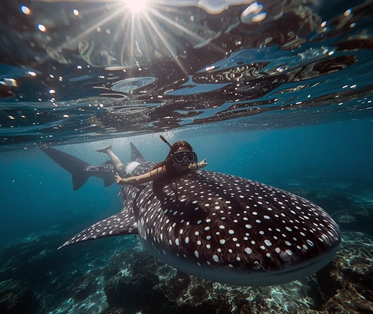 Una mujer con máscara de esnórquel nada bajo el agua junto a un enorme y dócil tiburón ballena, con la luz del sol penetrando la superficie
