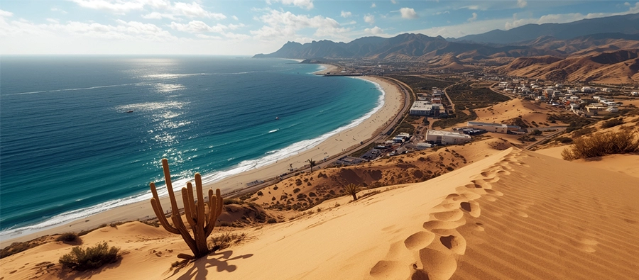 Vista panorámica desde una duna de arena con un cactus cardón en primer plano, mostrando una extensa playa de agua turquesa junto a un pueblo costero y montañas desérticas en Baja California Sur.